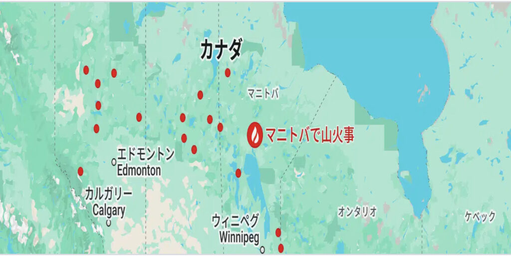 カナダマニトバ州の山火事の地図